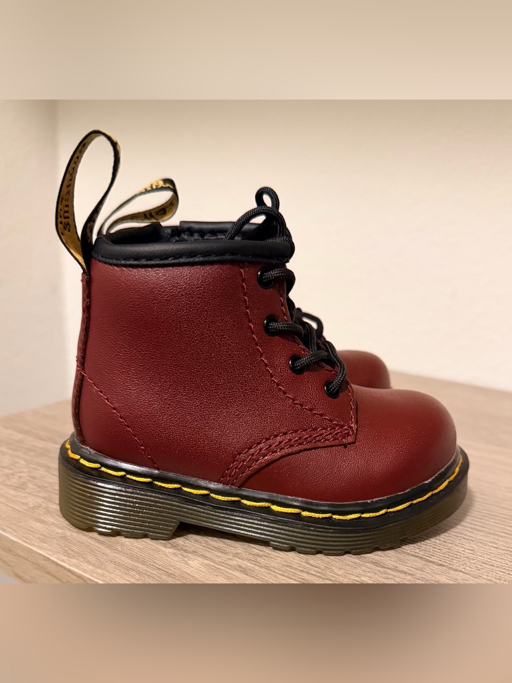 Dr. Martens Kids Burgundy Lace-Up Ankle Boots with Yellow Stitching